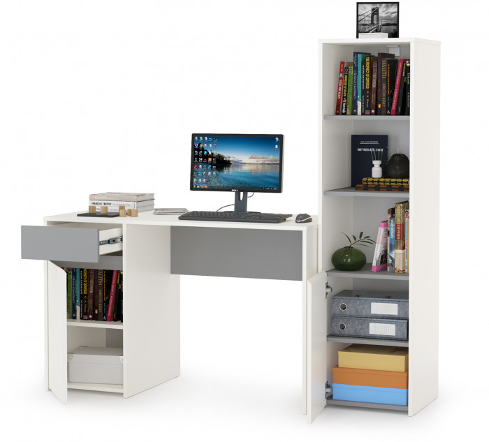 Торонто 12.149 Стол + 13.13 Шкаф комбинированный, цвет белый шагрень/стальной серый, ШхГхВ 160х53,1х149,7 см., универсальная сборка