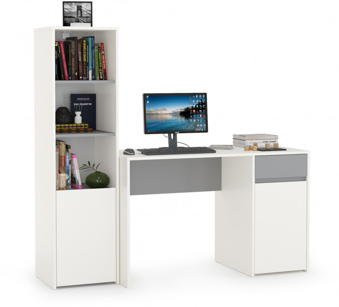 Торонто 12.149 Стол + 13.13 Шкаф комбинированный, цвет белый шагрень/стальной серый, ШхГхВ 160х53,1х149,7 см., универсальная сборка
