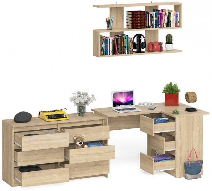 Мори компьютерный стол МС-16 правый + Комод МК1200.6 + Полка 1200, дуб сонома