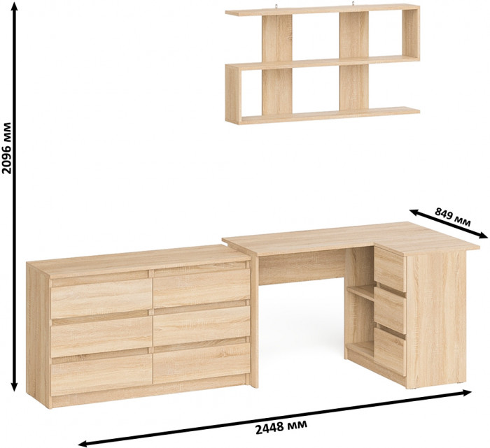 Мори компьютерный стол МС-16 правый + Комод МК1200.6 + Полка 1200, дуб сонома