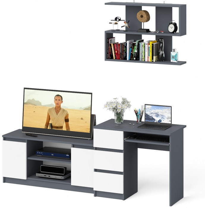 Мори Стол компьютерный МС-6 левый + Тумба МТВ1200.1 + Полка 900, цвет графит/белый, ШхГхВ 210,4х50х209,6 см., НЕ универсальная сборка
