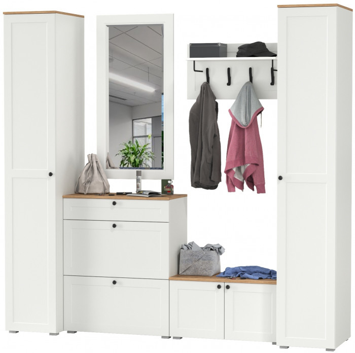 Остин Прихожая 46, цвет белый шагрень/дуб крафт золотой, ШхГхВ 240х54,3х229,6 см., универсальная сборка