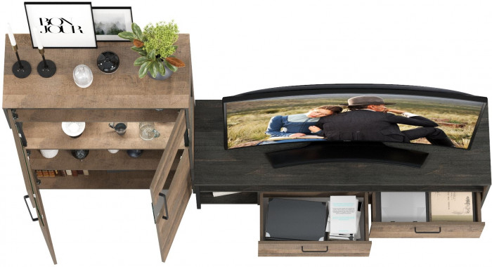 Трувор 13.70 Тумба под ТВ + 13.306 Комод с витриной, дуб гранж песочный/интра