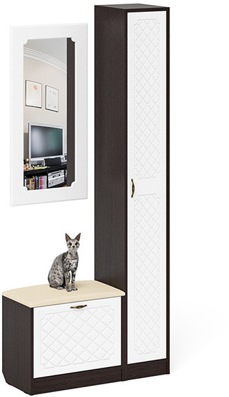 Прихожая П-6 Компоновка № 20, цвет венге/фасады МДФ белое дерево фрезеровка ромб, ШхГхВ 90х35х210 см., универсальная сборка