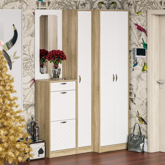 Прихожая П-6 Тумба для обуви 2 секции, цвет дуб сонома/фасады МДФ белое дерево фрезеровка ромб, ШхГхВ 50х35х108,3 см.