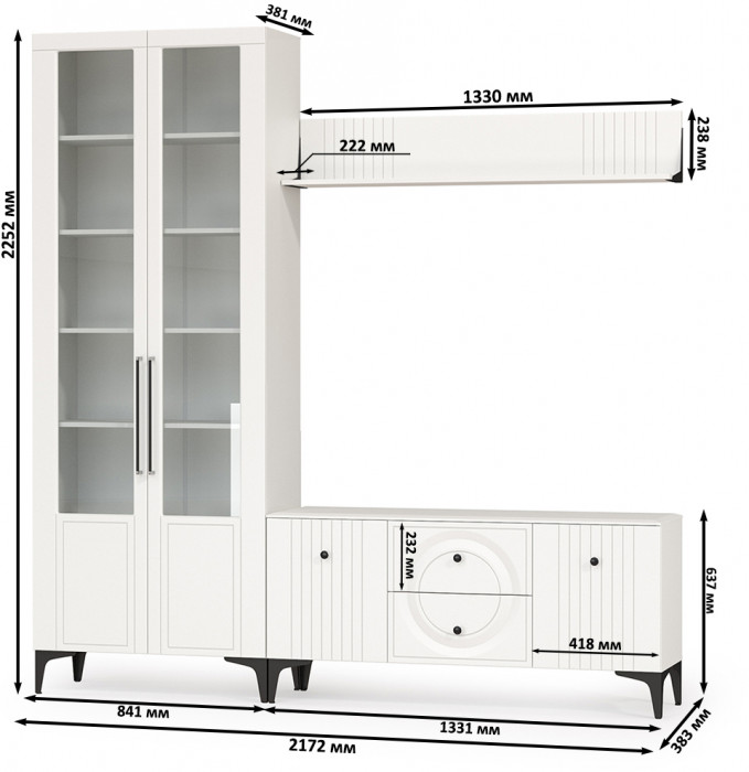 Валенсия Гостиная № 058, цвет ЛДСП белый шагрень/МДФ белый шагрень, ШхГхВ 217,2х38,3х225,2 см., универсальная сборка