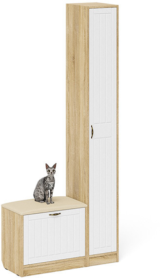 Прихожая П-6 Компоновка № 19, цвет дуб сонома/фасады МДФ белое дерево фрезеровка прованс, ШхГхВ 90х35х210 см., универсальная сборка