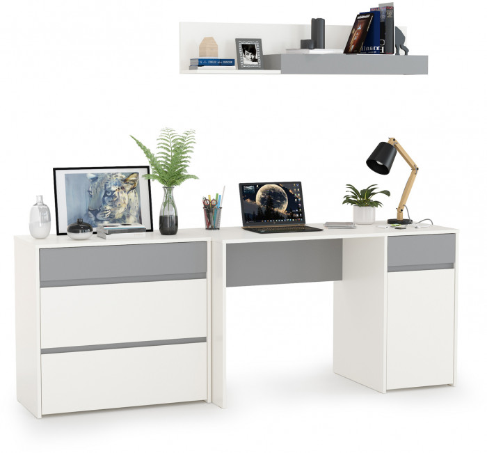 Торонто 12.149 Стол + 13.321 Комод + 16.475 Полка, цвет белый шагрень/стальной серый, ШхГхВ 200х53,1х150 см., универсальная сборка