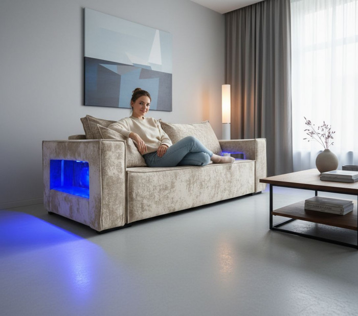 Диван-кровать Лофт Люкс Плюш с подсветкой, еврокнижка, пружинный блок, 140х195, бежевый