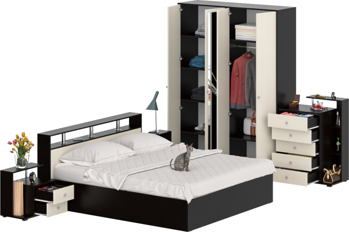 Камелия спальня № 4 Кровать 1800 + Две тумбы + Комод + Шкаф 4-х створчатый, цвет венге/дуб лоредо, сп.м. 1800х2000 мм., б/м, основание есть