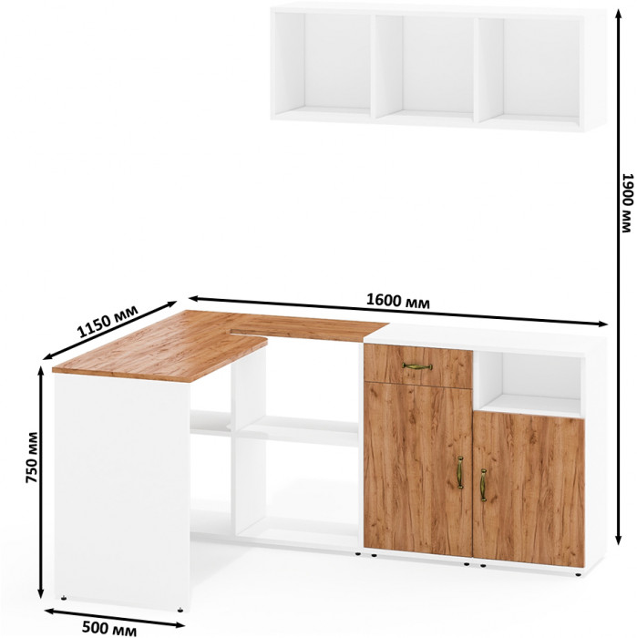 Лидер-8 Стол + Полка + Тумба МД 3.15 + Тумба МД 3.19, цвет белый шагрень/крафт золото, ШхГхВ 245х50/30х75/190 или 115х50/160х75/190 с, НЕ универс. сб.