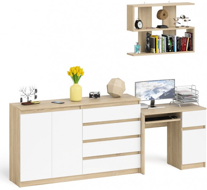 Мори Стол компьютерный МС-1 правый + Комод МК1600.1 + Полка 900, цвет дуб сонома/белый, ШхГхВ 250,4х50х209,6 см., НЕ универсальная сборка