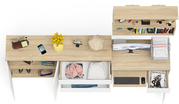 Мори Стол компьютерный МС-1 правый + Комод МК1600.1 + Полка 900, цвет дуб сонома/белый, ШхГхВ 250,4х50х209,6 см., НЕ универсальная сборка