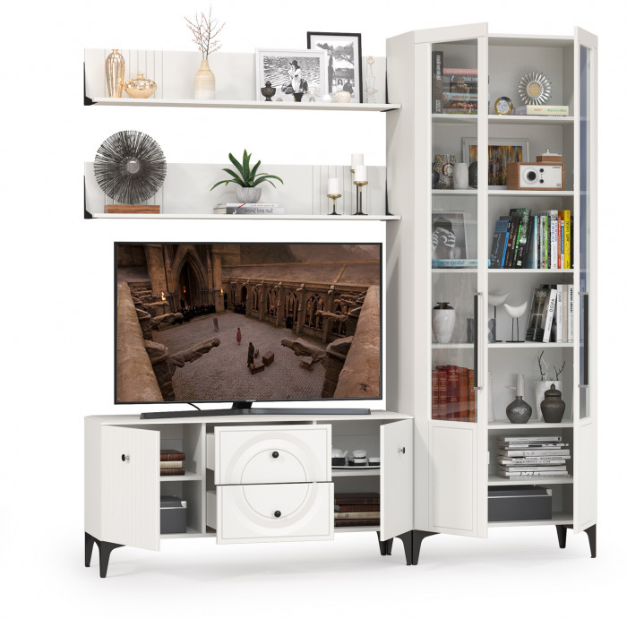 Валенсия Гостиная № 059, цвет ЛДСП белый шагрень/МДФ белый шагрень, ШхГхВ 217,2х38,3х225,2 см., универсальная сборка