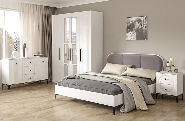 Валенсия Спальня № 32, цвет ЛДСП белый шагрень/МДФ белый шагрень/ткань велутто 19, ортопед есть, сп. м. 1600х2000 мм., б/м