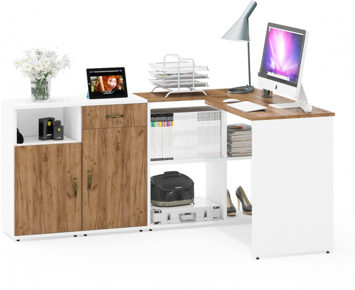 Лидер-8 Стол + Тумба МД 3.15 + Тумба МД 3.19, цвет белый шагрень/крафт золото, ШхГхВ 245х50/30х75 см. или 115х50/160х75 см., НЕ универсальная сборка