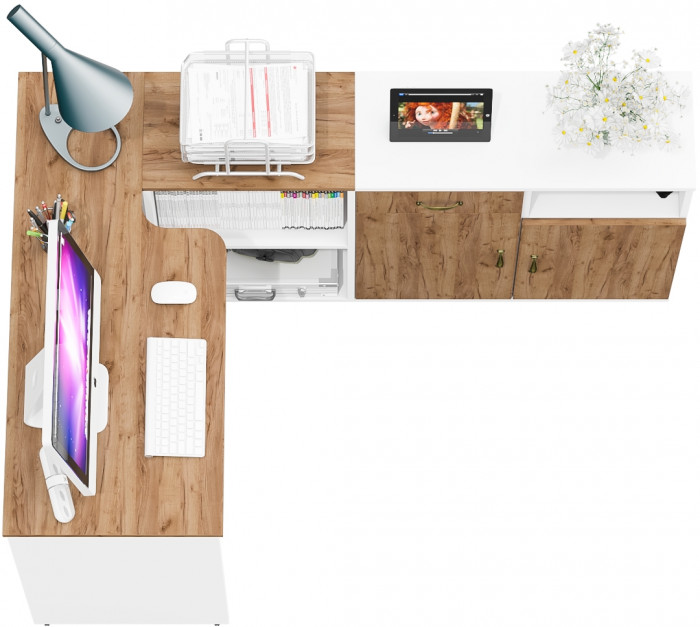 Лидер-8 Стол + Тумба МД 3.15 + Тумба МД 3.19, цвет белый шагрень/крафт золото, ШхГхВ 245х50/30х75 см. или 115х50/160х75 см., НЕ универсальная сборка