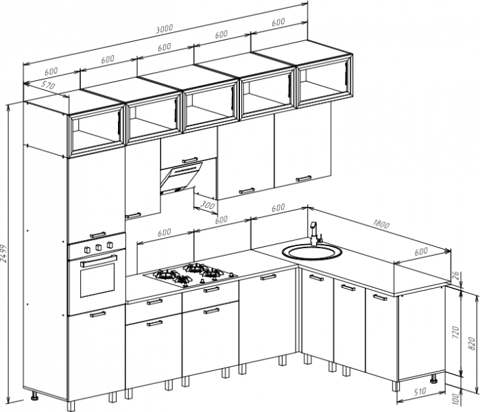 Кухня Техно 3,0х1,8/1080м Компоновка №8, Белый/Белый глянец