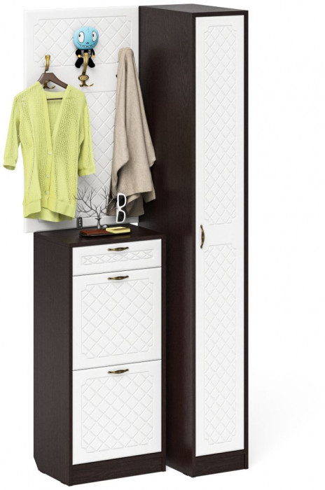 Прихожая П-6 Компоновка № 44, цвет венге/фасады МДФ белое дерево фрезеровка ромб, ШхГхВ 90х50х210 см., универсальная сборка