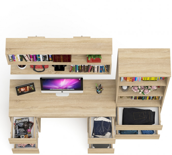 Мори компьютерный стол МС-2 + Стеллаж МСТ600.3 + Полка 1200, дуб сонома