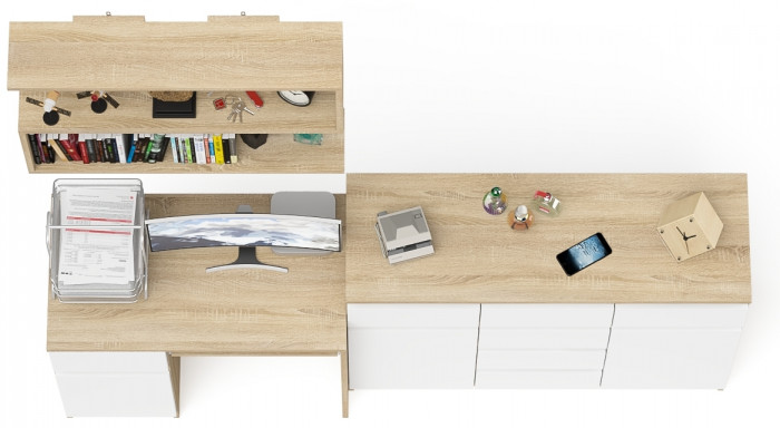 Мори Стол компьютерный МС-1 левый + Комод МК1200.4 + Полка 900, цвет дуб сонома/белый, ШхГхВ 210,4х50х209,6 см., НЕ универсальная сборка