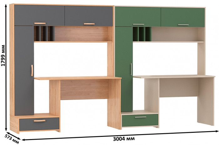 Два Стола письменных Лайт 03.243Н, цвет гикори рокфорд натуральный/тёмно-серый/сатин/дымчатый зелёный, ШхГхВ 300,4х57,3х179,9 см., НЕ универс. сборка