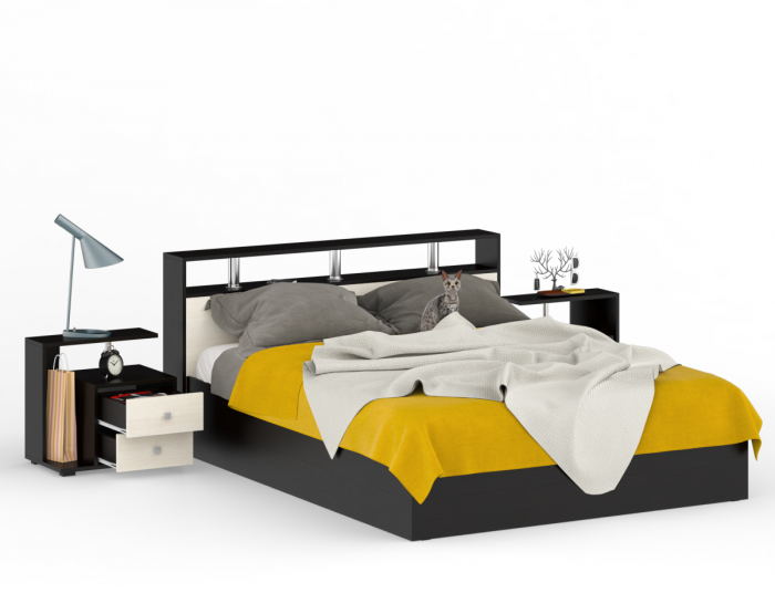 Камелия Кровать 1600 + две тумбы, цвет венге/дуб лоредо, ШхГхВ 276х217х78,2 см., сп.м. 1600х2000 мм., без матраса, основание есть