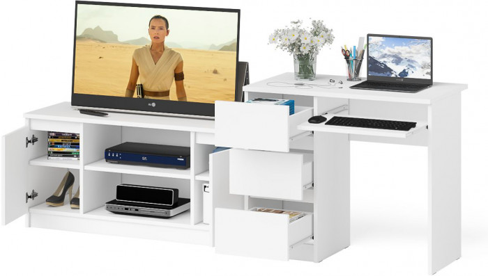 Мори Стол компьютерный МС-6 левый + Тумба МТВ1200.1, цвет белый, ШхГхВ 210,4х50х76,6 см., выдвижные ящики слева, НЕ универсальная сборка
