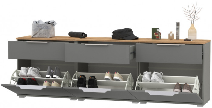 Октава 16.127 Тумба для обуви + 16.127 Тумба + 16.127 Тумба, цвет серый графит/дуб крафт золотой/фасады МДФ серый графит, ШхГхВ 194,7х35,4х62,2 см.