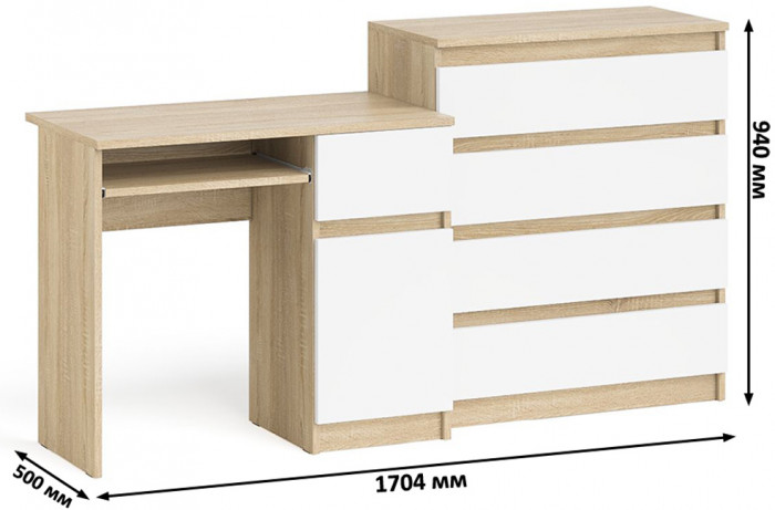 Мори компьютерный стол МС-1 правый + Комод МК800.4, дуб сонома/белый