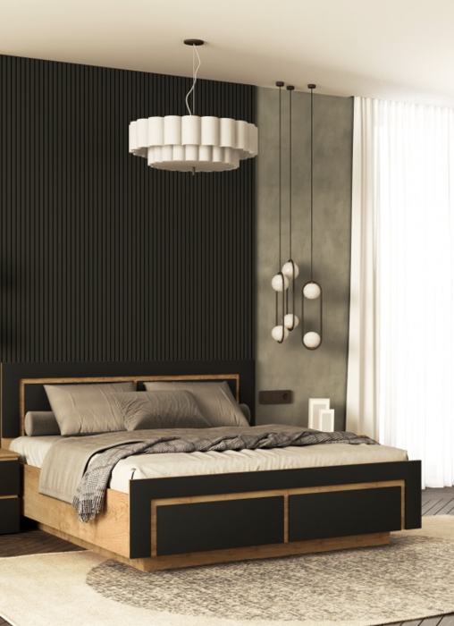 Кровать 160х200 "Ривьера" №1 с щитовым основанием - Дуб наварра/Шагрень черная