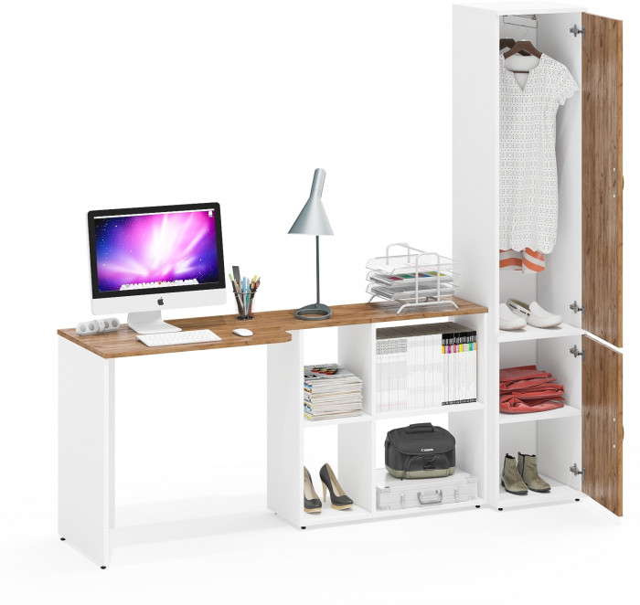 Лидер-8 Стол + Пенал МД 21Б, цвет белый шагрень/крафт золото, ШхГхВ 205х50/37,5х75/190  или 115х50/120х75/190 см., НЕ универсальная сборка