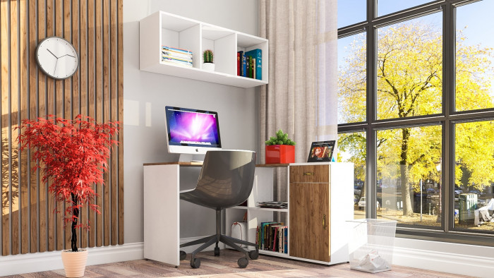 Лидер-8 Стол + Полка + Тумба МД 3.15, цвет белый шагрень/крафт золото, ШхГхВ 205х50/30х75/190 или 115х50/120х75/190 см., НЕ универсальная сборка