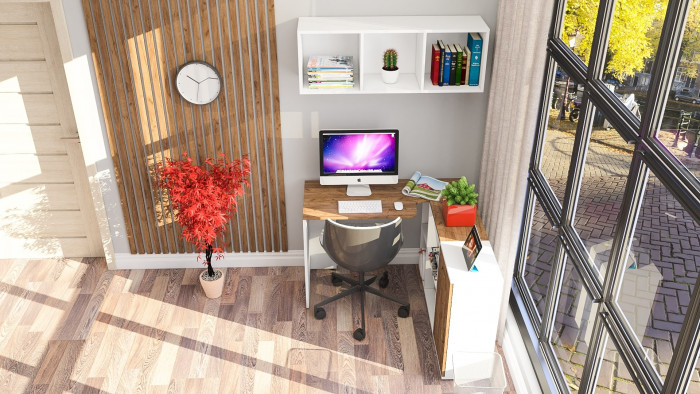 Лидер-8 Стол + Полка + Тумба МД 3.15, цвет белый шагрень/крафт золото, ШхГхВ 205х50/30х75/190 или 115х50/120х75/190 см., НЕ универсальная сборка