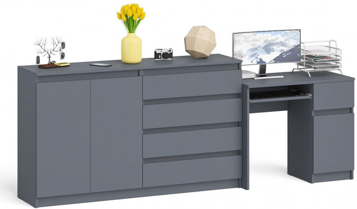 Мори Стол компьютерный МС-1 правый + Комод МК1600.1, цвет графит, ШхГхВ 250,4х50х94 см., выдвижной ящик справа, НЕ универсальная сборка