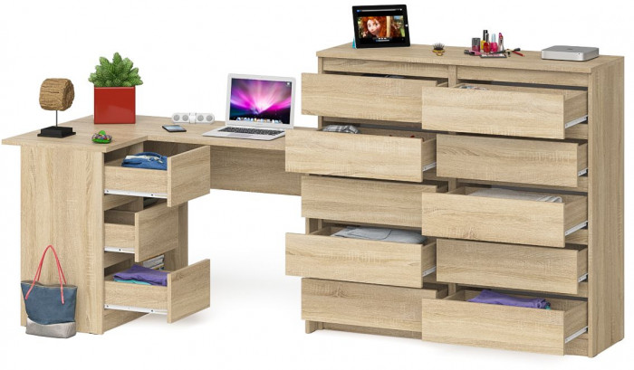 Мори Стол компьютерный МС-16 левый + Комод МК1200.10, цвет дуб сонома, ШхГхВ 244,8х84,9х115 см., выдвижные ящики слева, НЕ универсальная сборка