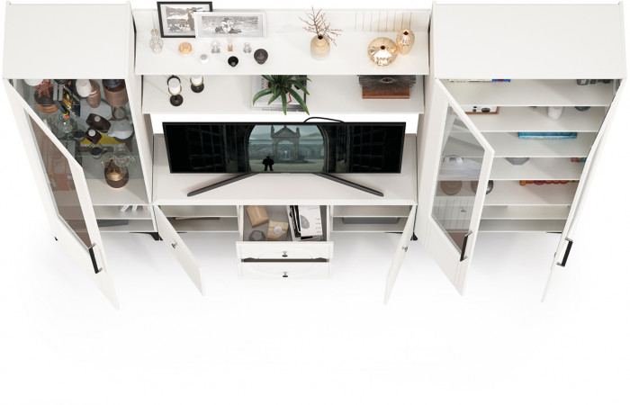 Валенсия Гостиная № 061, цвет ЛДСП белый шагрень/МДФ белый шагрень, ШхГхВ 272,2х38,3х225,2 см., ниша для ТВ 133х38х117 см., универсальная сборка