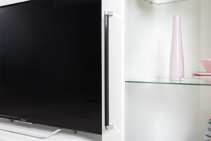 Валенсия Гостиная № 061, цвет ЛДСП белый шагрень/МДФ белый шагрень, ШхГхВ 272,2х38,3х225,2 см., ниша для ТВ 133х38х117 см., универсальная сборка