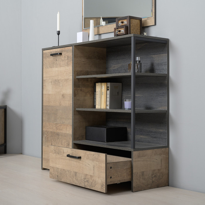 Трувор 13.307.01 Комод + 13.306 Комод с витриной + 13.307.02 Комод с ящиками, цвет дуб гранж песочный/интра, ШхГхВ 260,8х37х135,3 см., ун. сборка