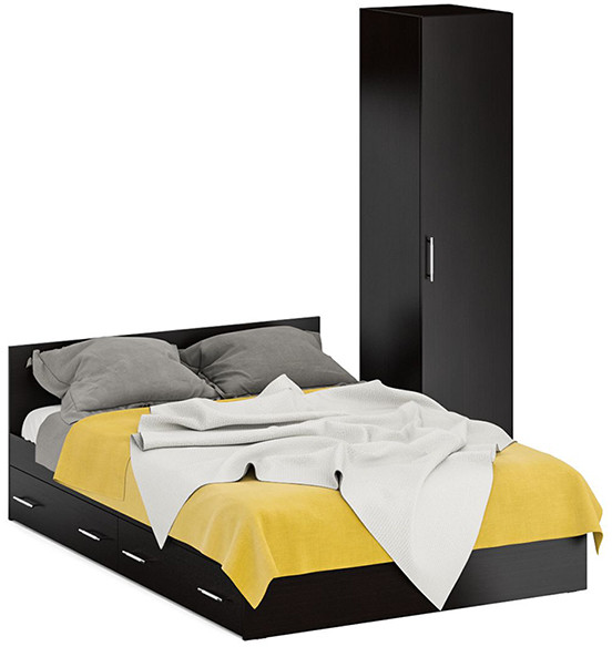 Кровать с ящиками 1400 + Пенал Стандарт, цвет венге, ШхГхВ 143,5х203,5х70 + 45х52х200 см., сп.м. 1400х2000 мм., без матраса, основание есть