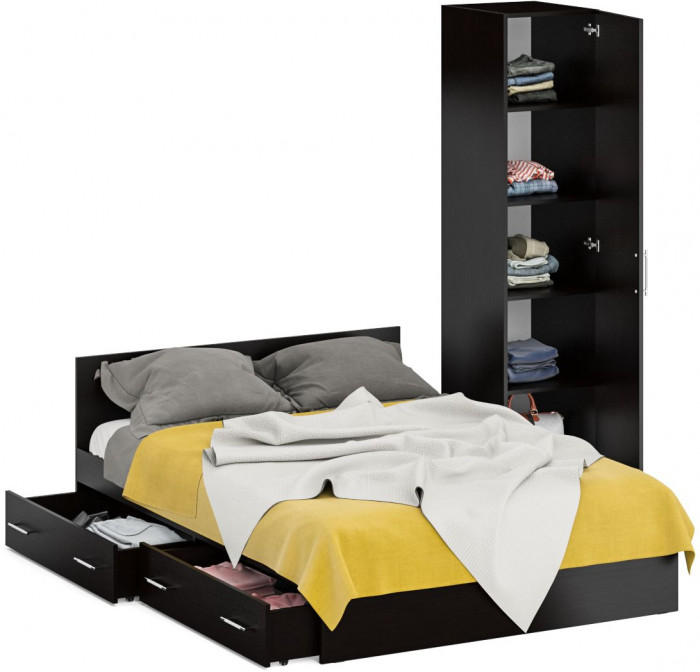 Кровать с ящиками 1400 + Пенал Стандарт, цвет венге, ШхГхВ 143,5х203,5х70 + 45х52х200 см., сп.м. 1400х2000 мм., без матраса, основание есть