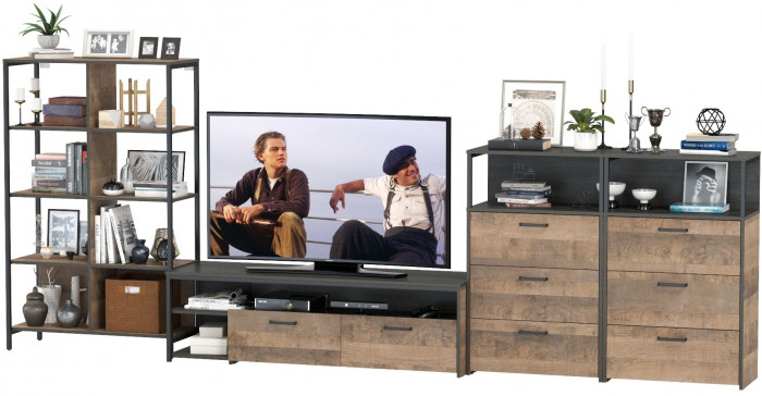 Трувор Гостиная 100, цвет дуб гранж песочный/интра, ШхГхВ 371,8х45,4х146 см., универсальная сборка