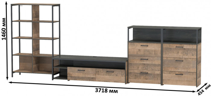 Трувор Гостиная 100, цвет дуб гранж песочный/интра, ШхГхВ 371,8х45,4х146 см., универсальная сборка
