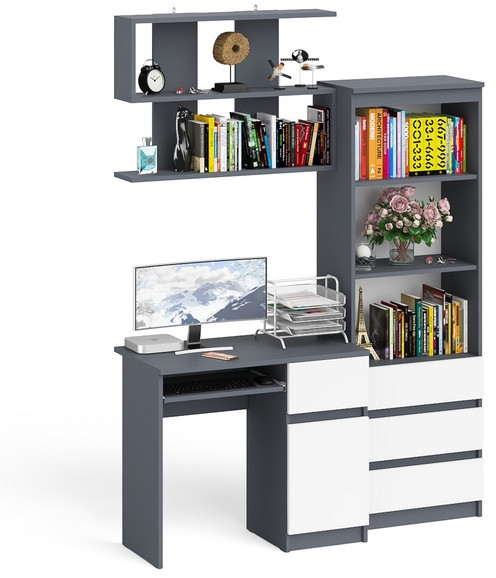 Мори компьютерный стол МС-1 правый + Стеллаж МСТ600.3 + Полка 900, графит/белый