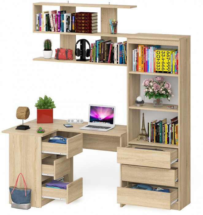Мори компьютерный стол МС-16 левый + Стеллаж МСТ600.3 + Полка 1200, дуб сонома