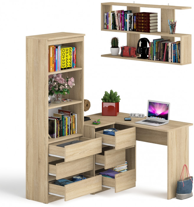 Мори компьютерный стол МС-16 левый + Стеллаж МСТ600.3 + Полка 1200, дуб сонома