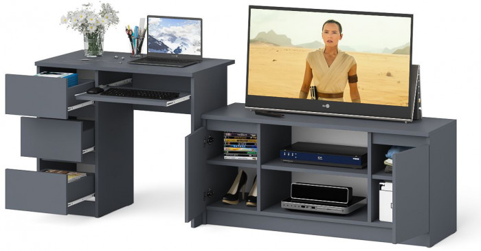 Мори Стол компьютерный МС-6 левый + Тумба МТВ1200.1, цвет графит, ШхГхВ 210,4х50х76,6 см., выдвижные ящики слева, НЕ универсальная сборка