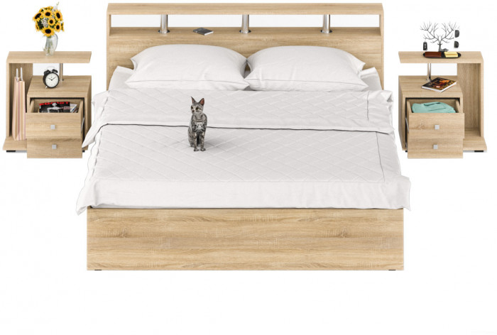 Камелия Кровать 1800 + две тумбы, цвет дуб сонома, ШхГхВ 296х217х78,2 см., сп.м. 1800х2000 мм., без матраса, основание есть