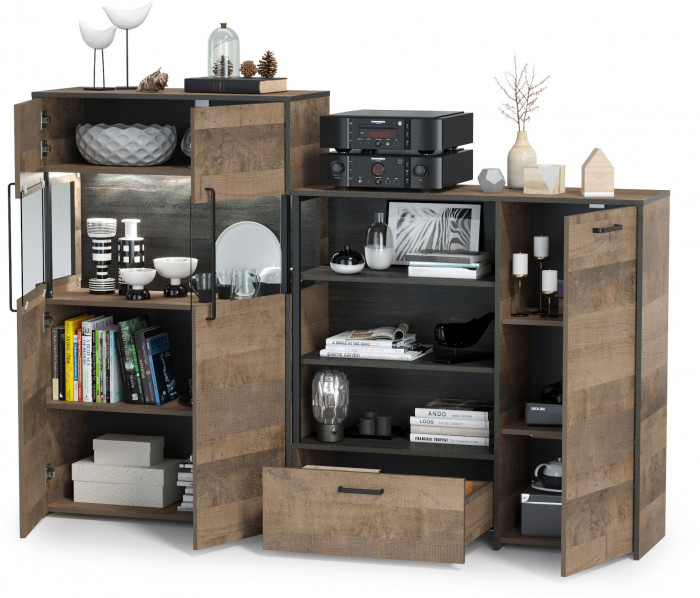 Трувор 13.307.01 Комод + 13.306 Комод с витриной, цвет дуб гранж песочный/интра, ШхГхВ 194,8х37х135,3 см., универсальная сборка