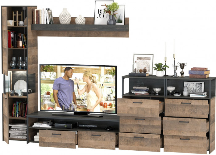 Трувор Гостиная 101, цвет дуб гранж песочный/интра, ШхГхВ 326,6х45,4х210 см., универсальная сборка